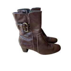 Ecco Brown Leather Ankle Boot Stacked Heel Inside Zip Buckle Boho Preppy Sz 38/7